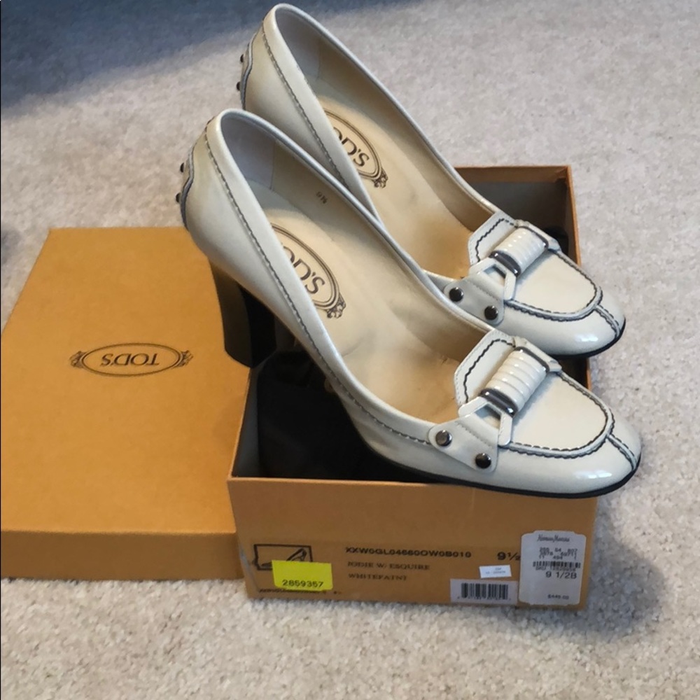 Tod's Cream Patent Leather Block Heel Loafers